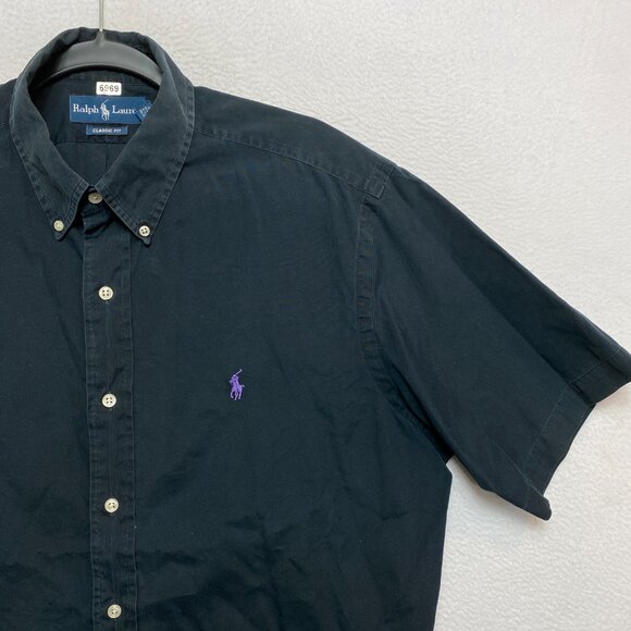 VINTAGE Polo Ralph Lauren Shirt Mens L Black Short Sleeve Classic Button Down - Picture 2 of 11